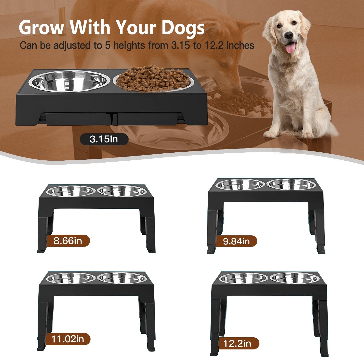 Pets Adjustable Stainless Steel Elevated Bowl